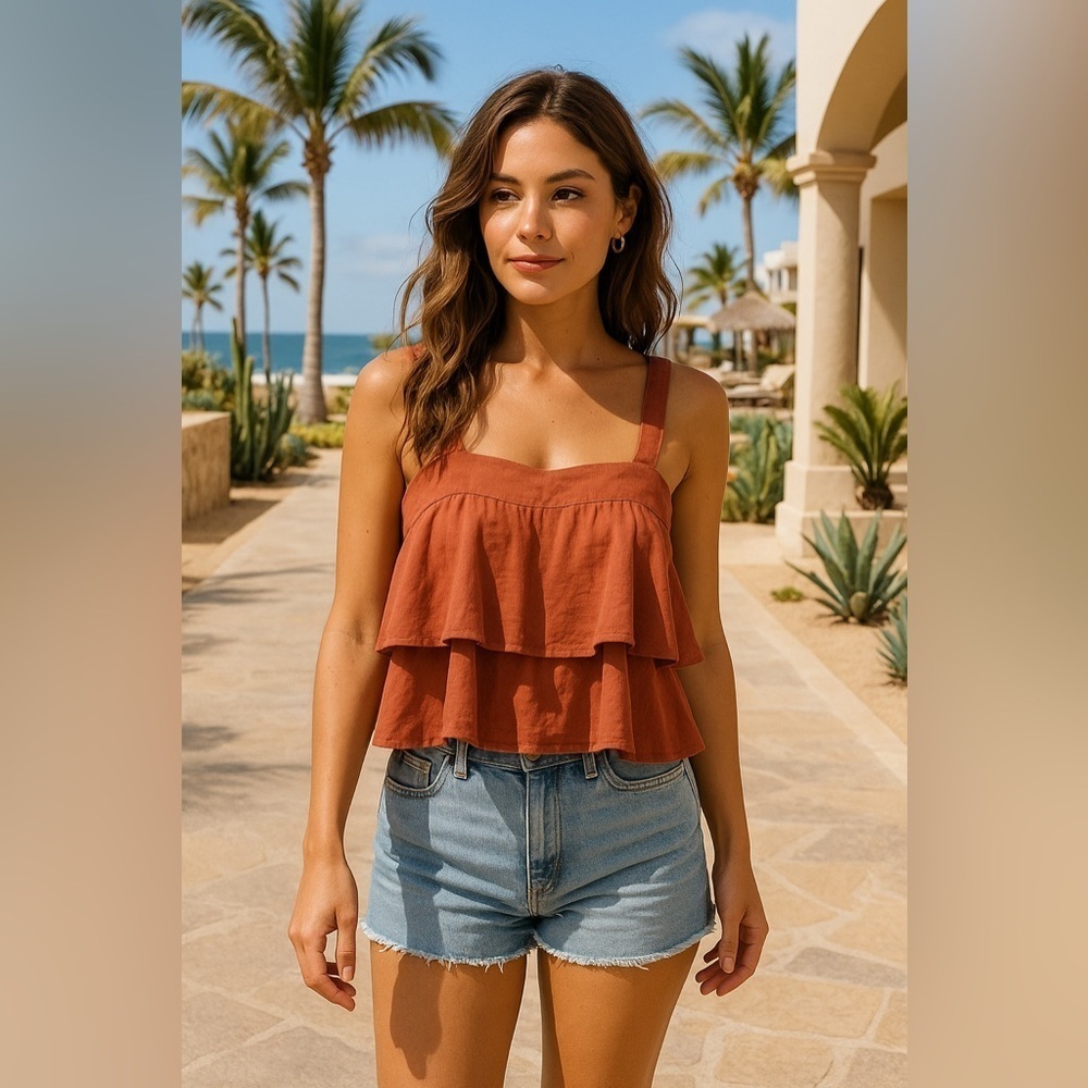 ABOUND Terracotta Ruffle Crop Top - Linen Blend, Boho Chic, Summer Festival - XS